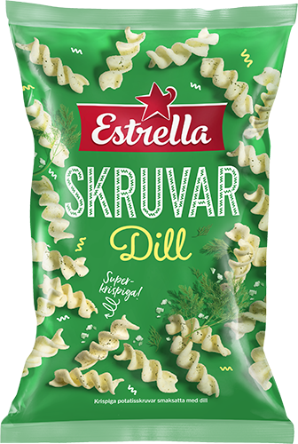 Green package of Estrella Skruvar Dill potato chips from Sweden