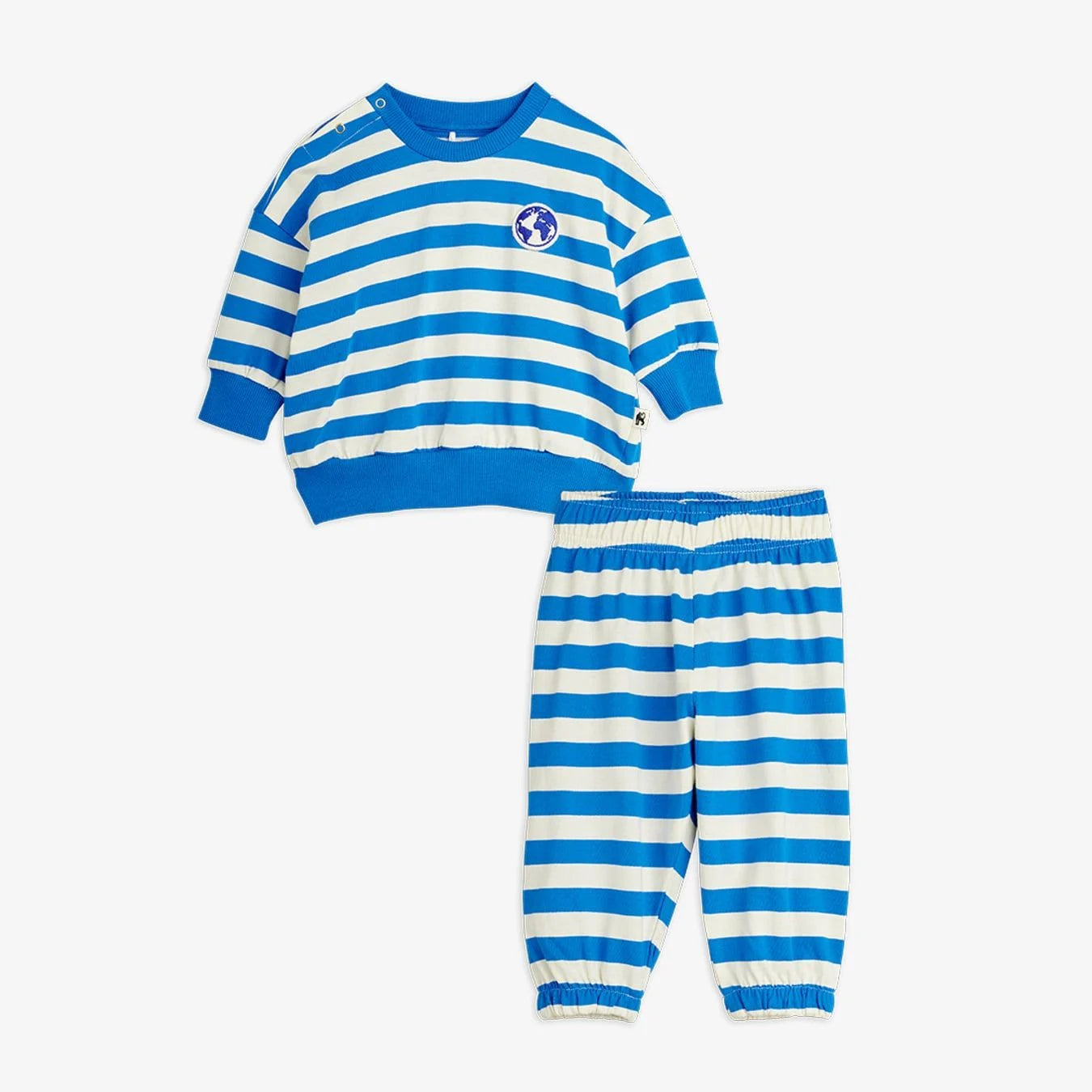 Blue and white striped children's pajama set on a white background