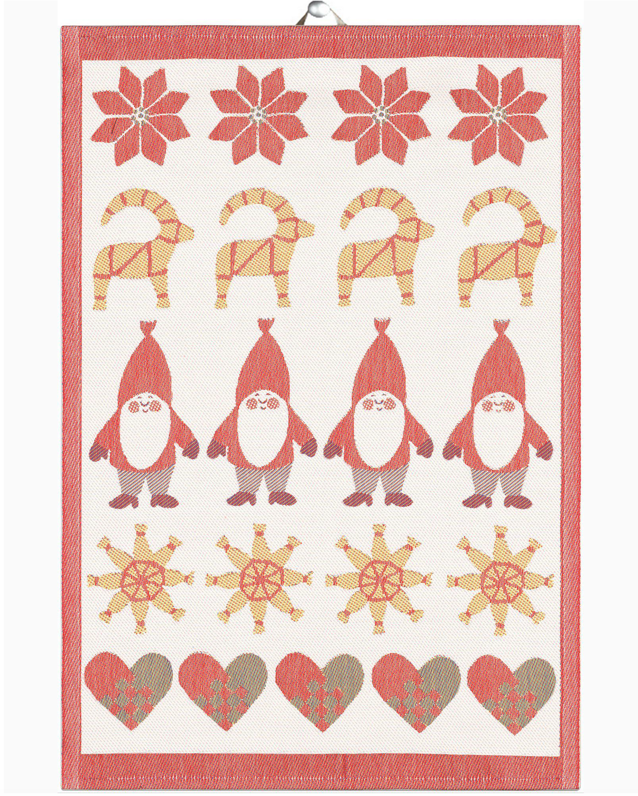 Decorative towel with festive patterns including gnomes, snowflakes, and hearts on a white background.