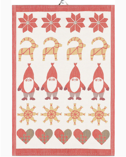 Decorative towel with festive patterns including gnomes, snowflakes, and hearts on a white background.