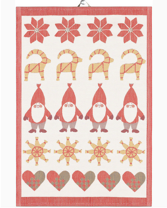Decorative towel with festive patterns including gnomes, snowflakes, and hearts on a white background.