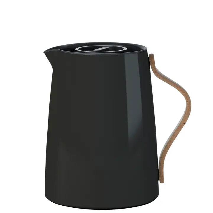 A black lacquered steel vacuum coffee jug with a Scandinavian beech wood handle and an easy-click lid.