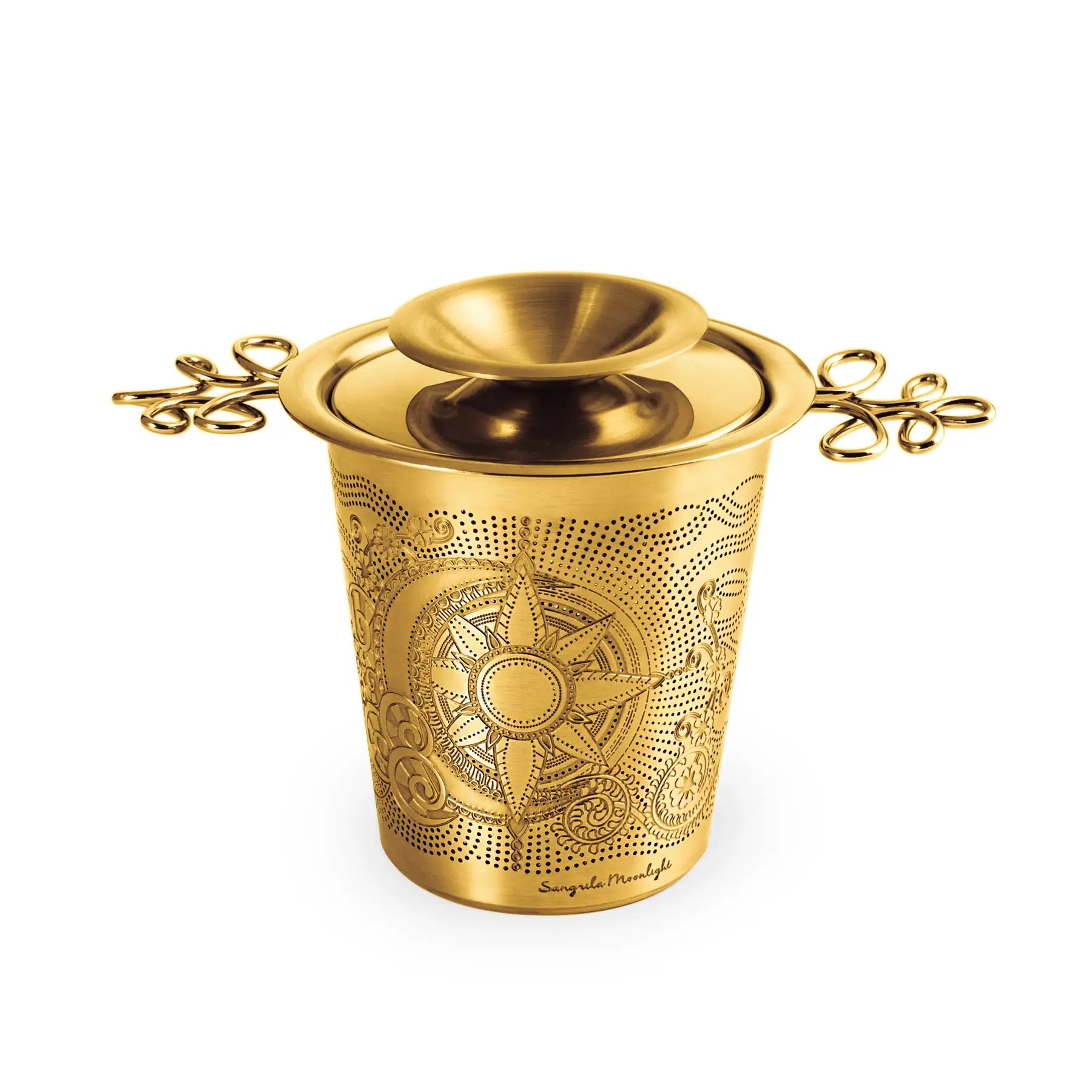 Gold decorative cup with intricate patterns on a white background