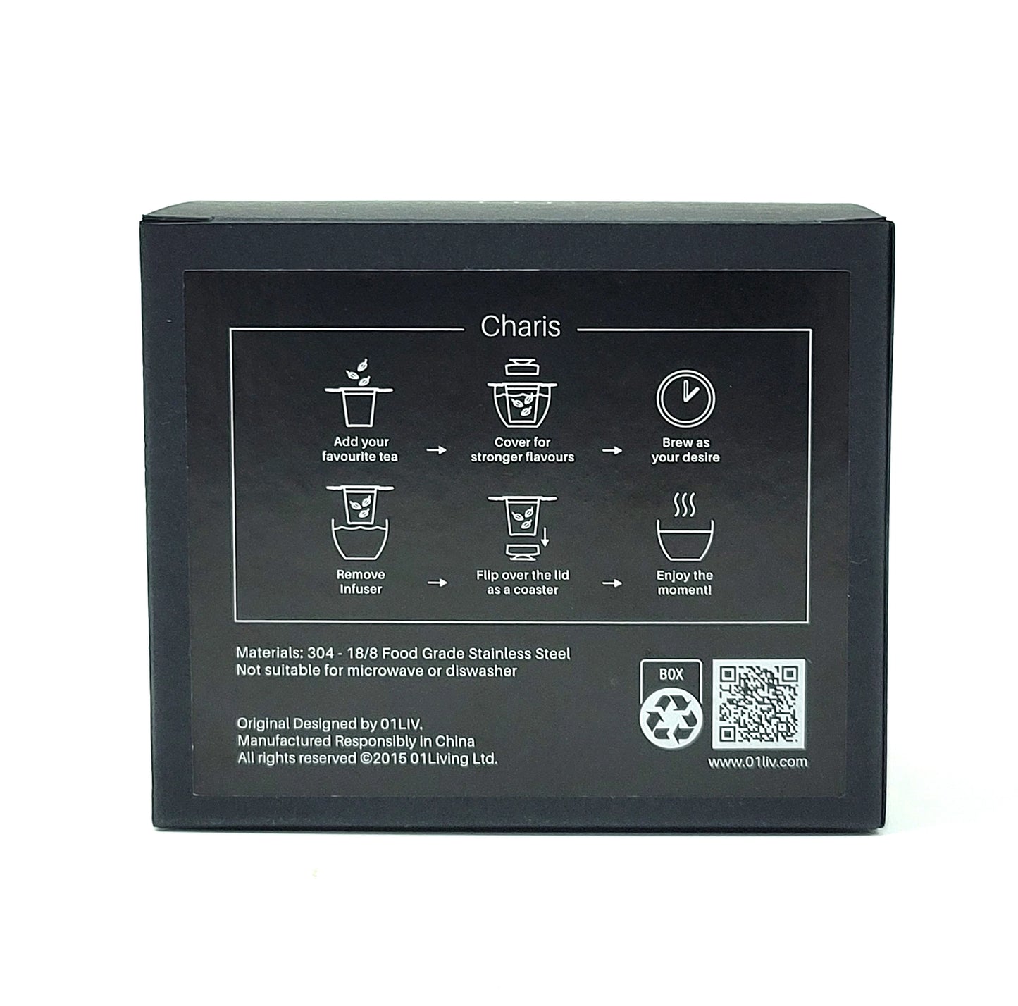 Black tea infuser packaging with usage instructions and brand information.