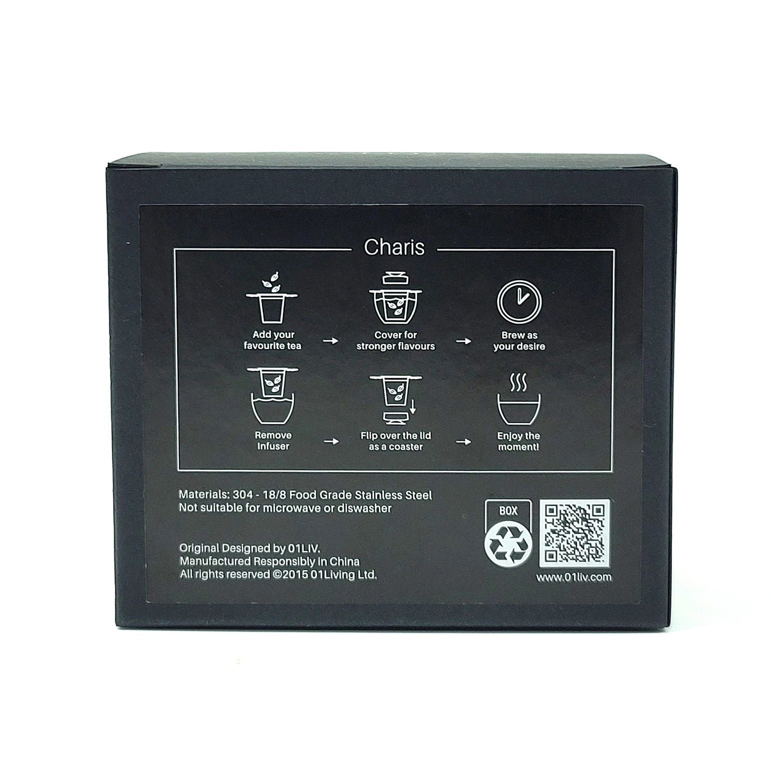 Black tea infuser packaging with usage instructions and brand information.