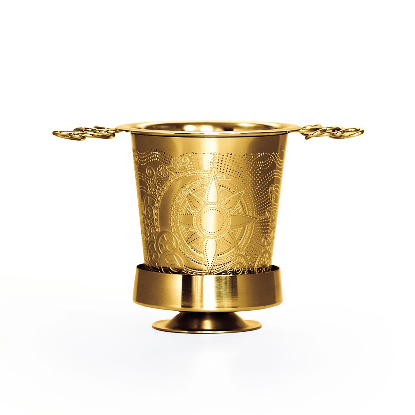Gold decorative container with intricate patterns on a white background