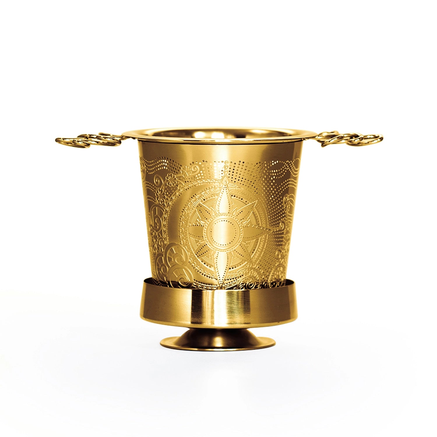 Gold decorative container with intricate patterns on a white background