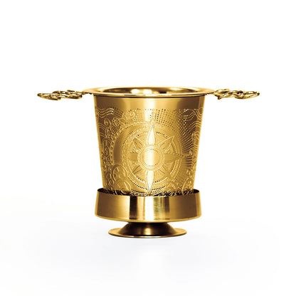 Gold decorative container with intricate patterns on a white background