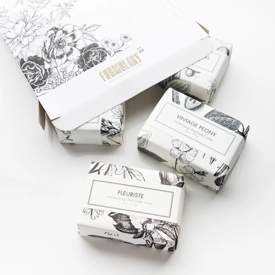 This beautifully designed boxed set includes Formulary 55’s top-selling soap scents!