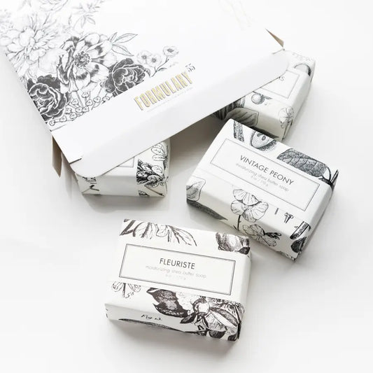 This beautifully designed boxed set includes Formulary 55’s top-selling soap scents!