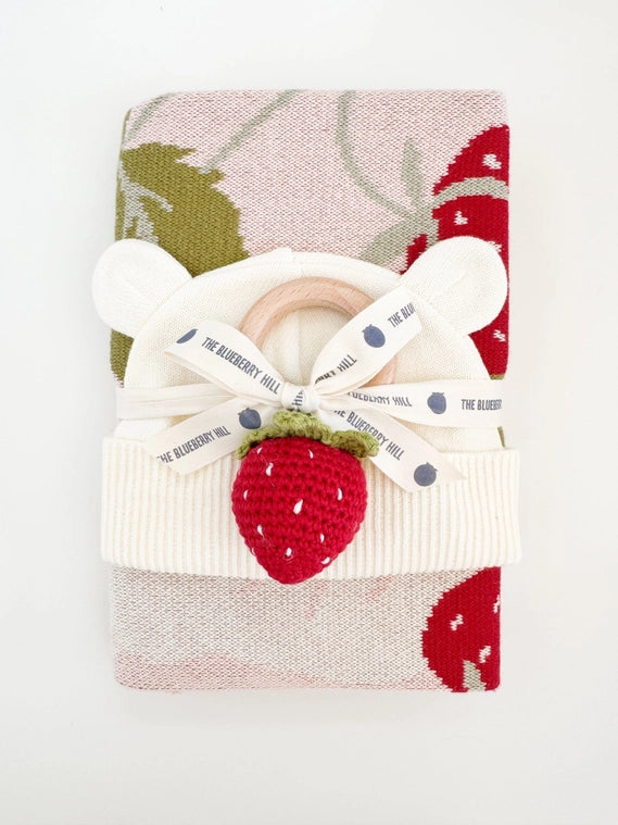 This sweet Strawberry blanket, hat, and rattle makes the sweetest gift for your little bunny. Made from 100% Cotton, these strawberry styles are cozy and cute perfect for a baby shower gift. Huset Shop in Venice Beach.