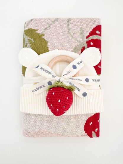 This sweet Strawberry blanket, hat, and rattle makes the sweetest gift for your little bunny. Made from 100% Cotton, these strawberry styles are cozy and cute perfect for a baby shower gift. Huset Shop in Venice Beach.
