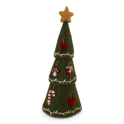 Unstack the felt layers to reveal three different trees. Designed with intricate details and handcrafted to bring a touch of winter magic into your home. Choose from white elegant trees with fine embroidery or a classic fir green tree with Christmas gifts and candy canes decorating the exterior.