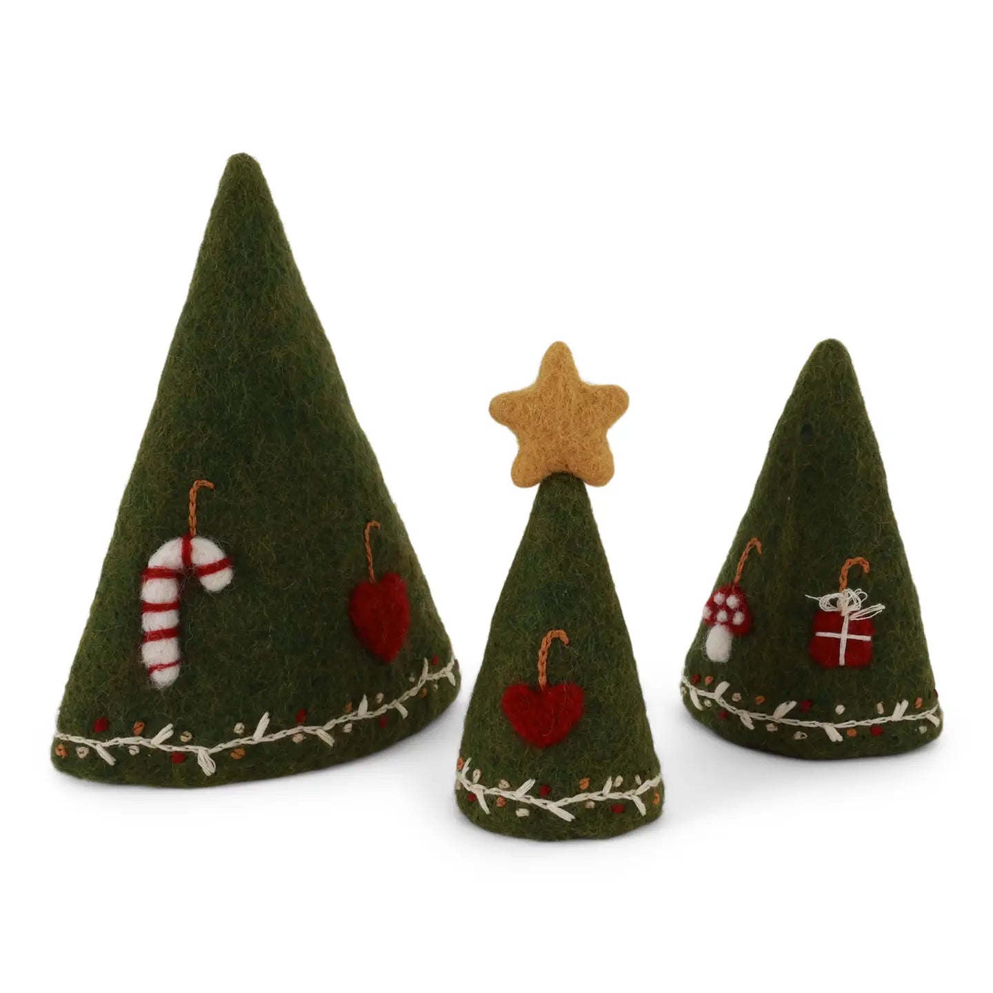Unstack the felt layers to reveal three different trees. Designed with intricate details and handcrafted to bring a touch of winter magic into your home. Choose from white elegant trees with fine embroidery or a classic fir green tree with Christmas gifts and candy canes decorating the exterior.