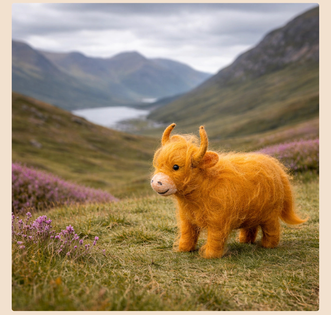 Plush toy highland cow in a scenic landscape with mountains and flowers.