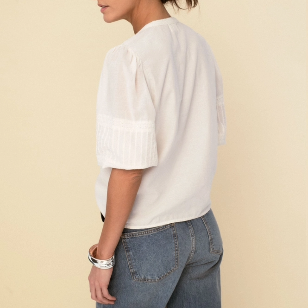 Jo Blouse, Puffed sleeves, lace detail, white, women's