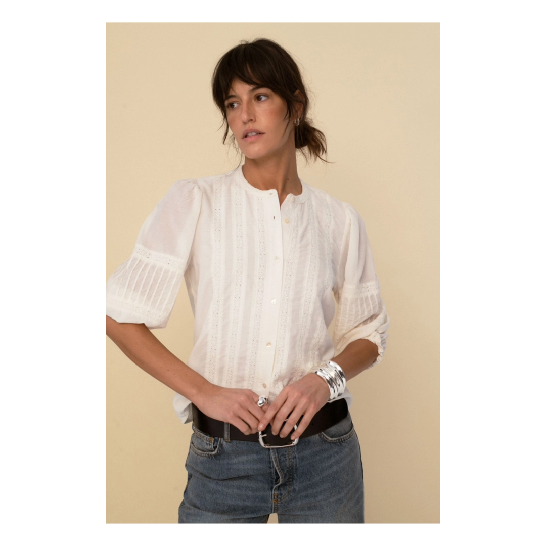 Jo Blouse, Puffed sleeves, lace detail, white, women's