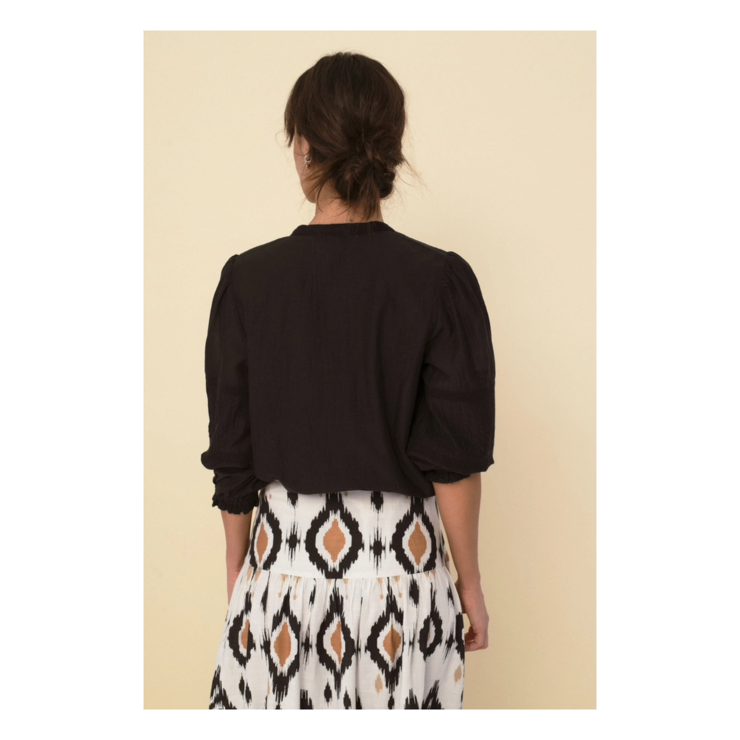 Jo Blouse, Puffed sleeves, lace detail, black, women's