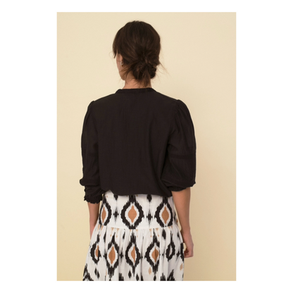 Jo Blouse, Puffed sleeves, lace detail, black, women's