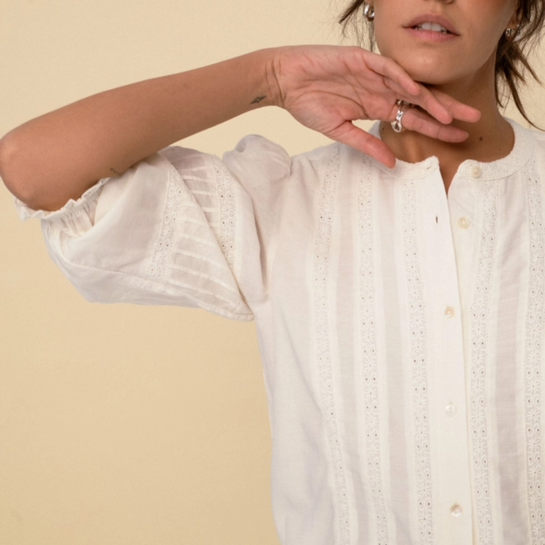 Jo Blouse, Puffed sleeves, lace detail, white, women's