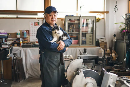 Yamakawa san started working for his father the day after he graduated from high school, and has been making secateurs ever since. His Yamagata factory is home to five stray cats, each fed on fresh sashimi!