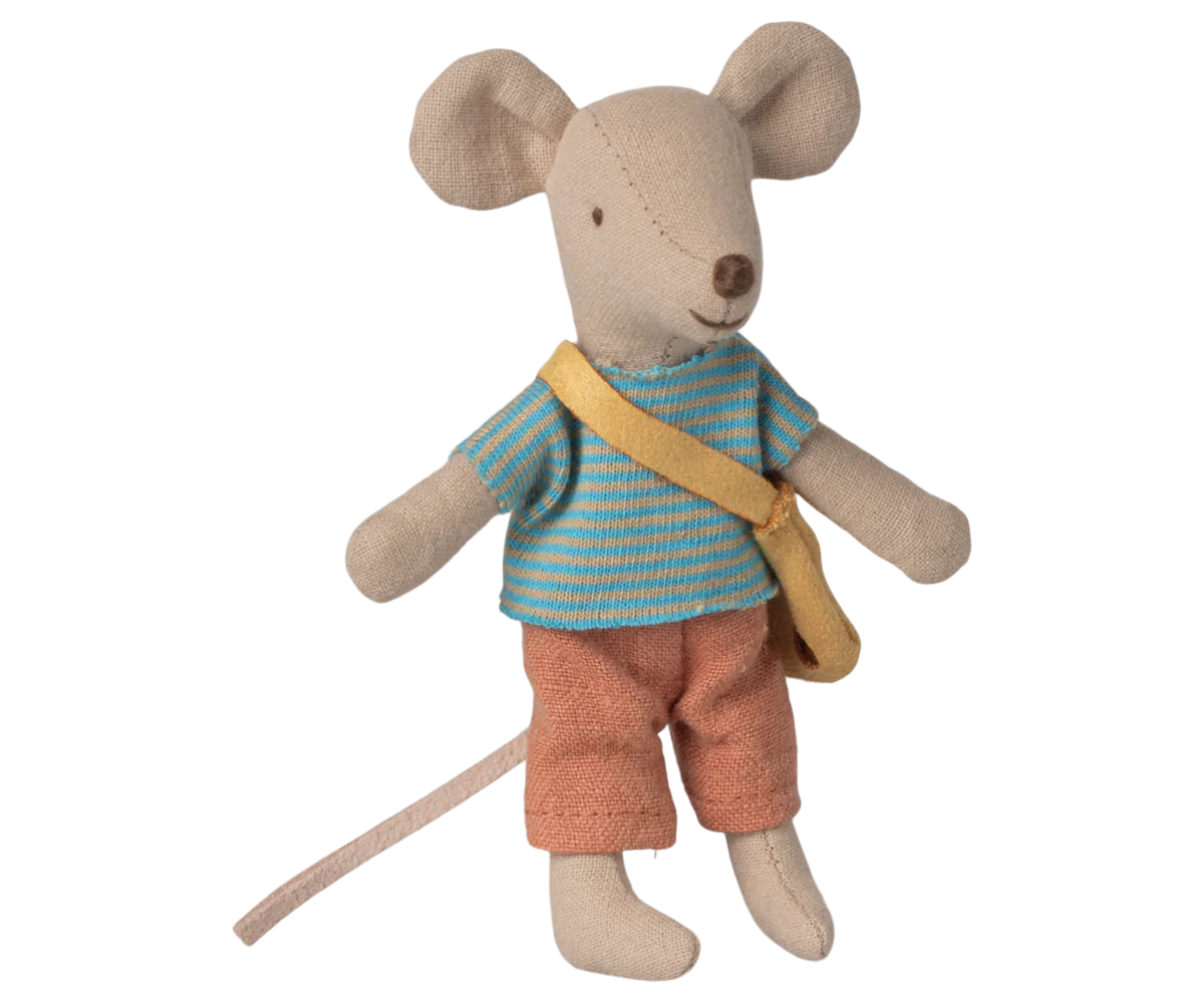 A little sister mouse and little brother dressed up for a playful day. They wear a small cheese bag for all their personal belongings and have magnets in hands. Add extra accessories and furniture to extend the play and storytelling about these new friends.