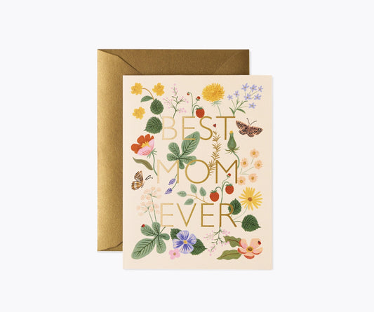 Greeting card with floral design and 'Best Mom Ever' text, featuring a gold envelope on a white background.