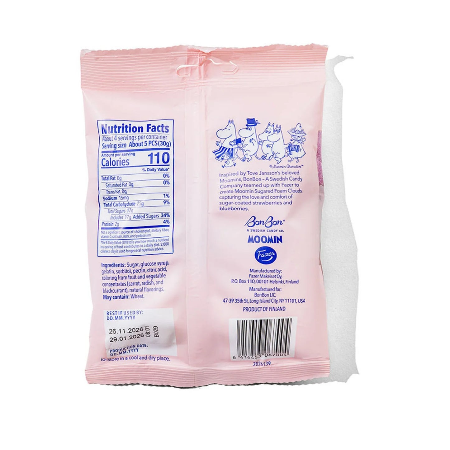 Nutritional facts on the back of a pink bag with a white background