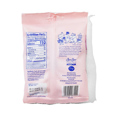 Nutritional facts on the back of a pink bag with a white background