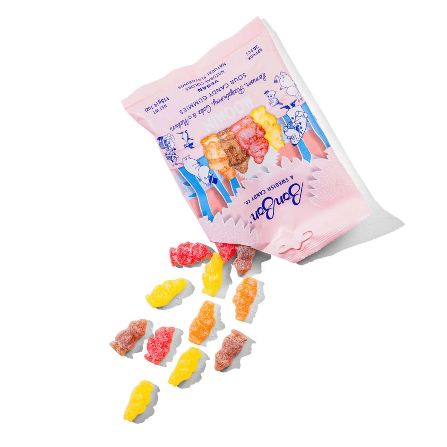 Pink bag of gummy candy with colorful gummy candy spilling out on a white background Bon Bon NYC
