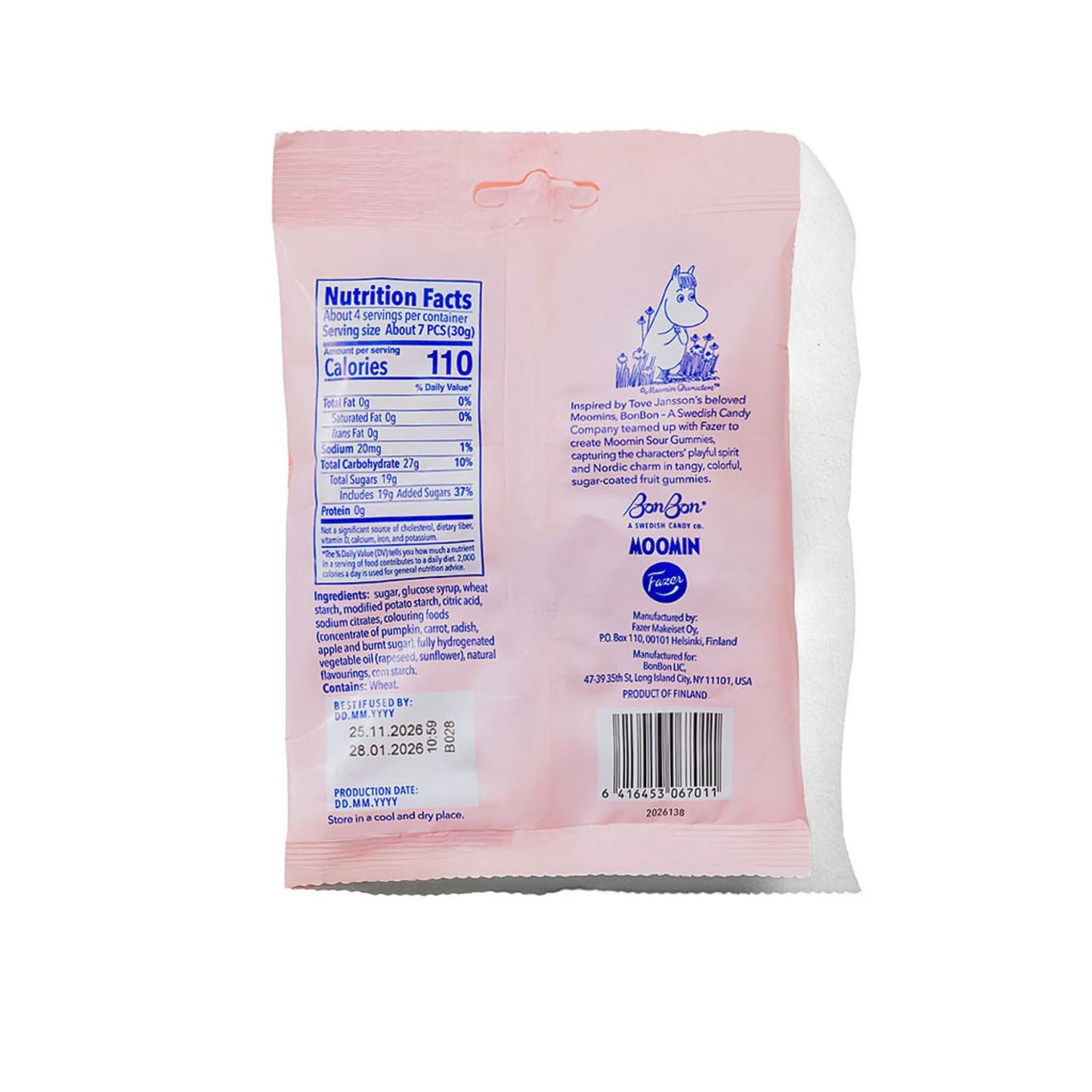 Pink package with nutrition facts label on a white background