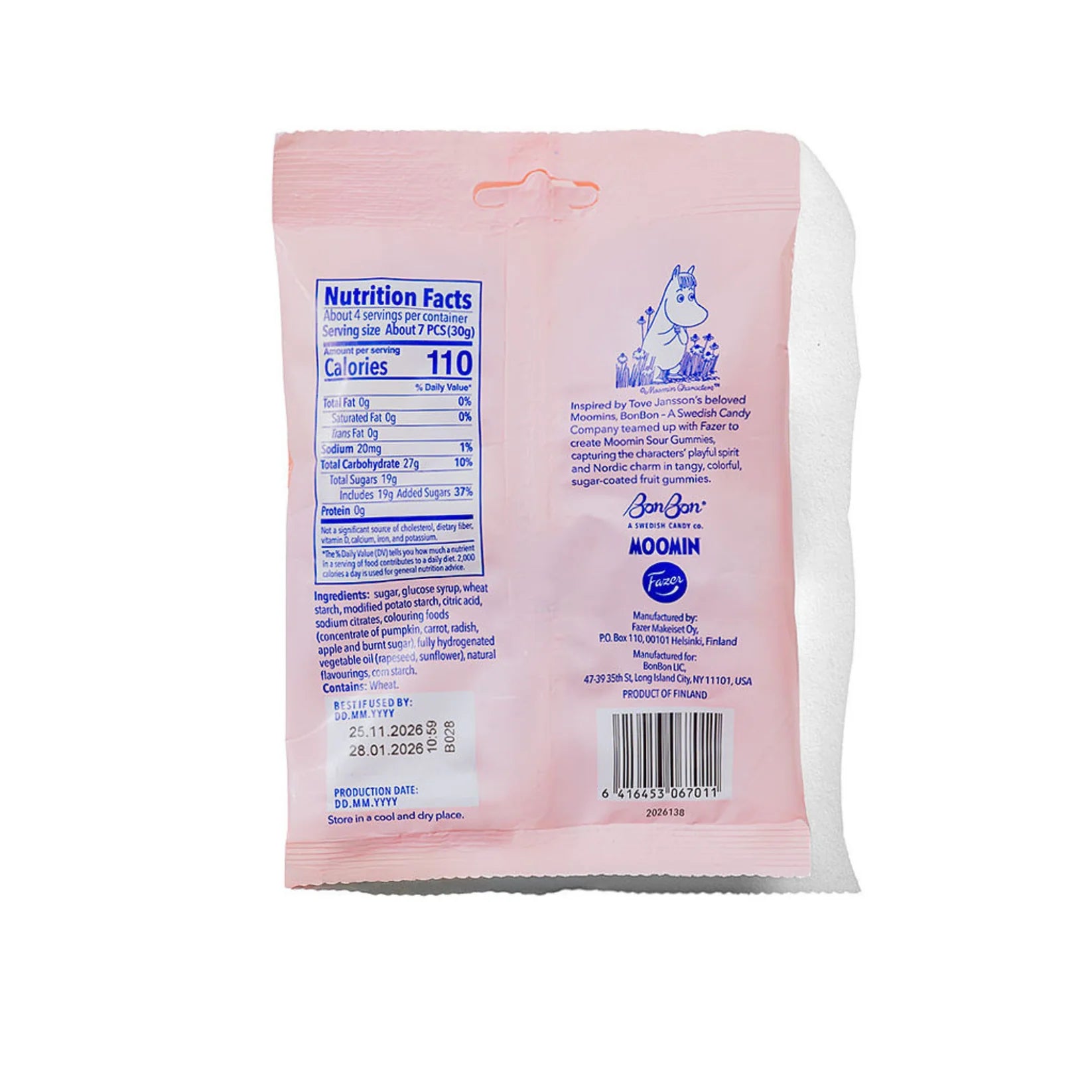 Pink package with nutrition facts label on a white background