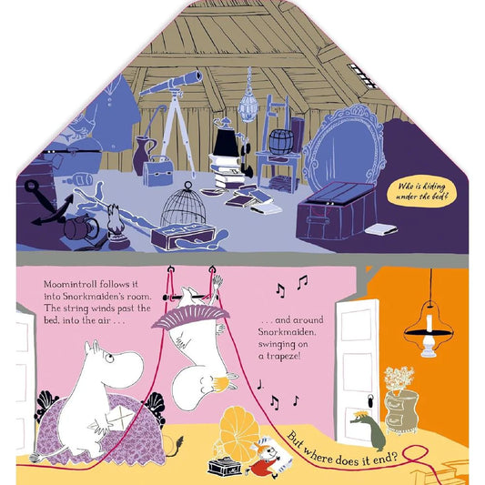 Illustrated scene from a children's book with Moomin characters in a room and hallway.