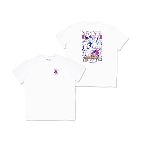 White t-shirt with colorful graphic design on a white background