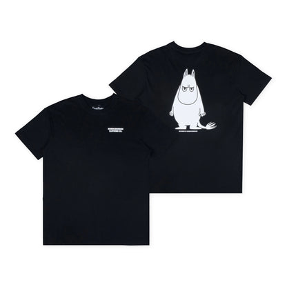 Two black t-shirts with a white graphic design on a white background