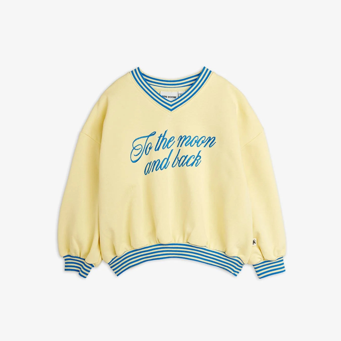 Yellow sweatshirt with blue text and trim on a white background