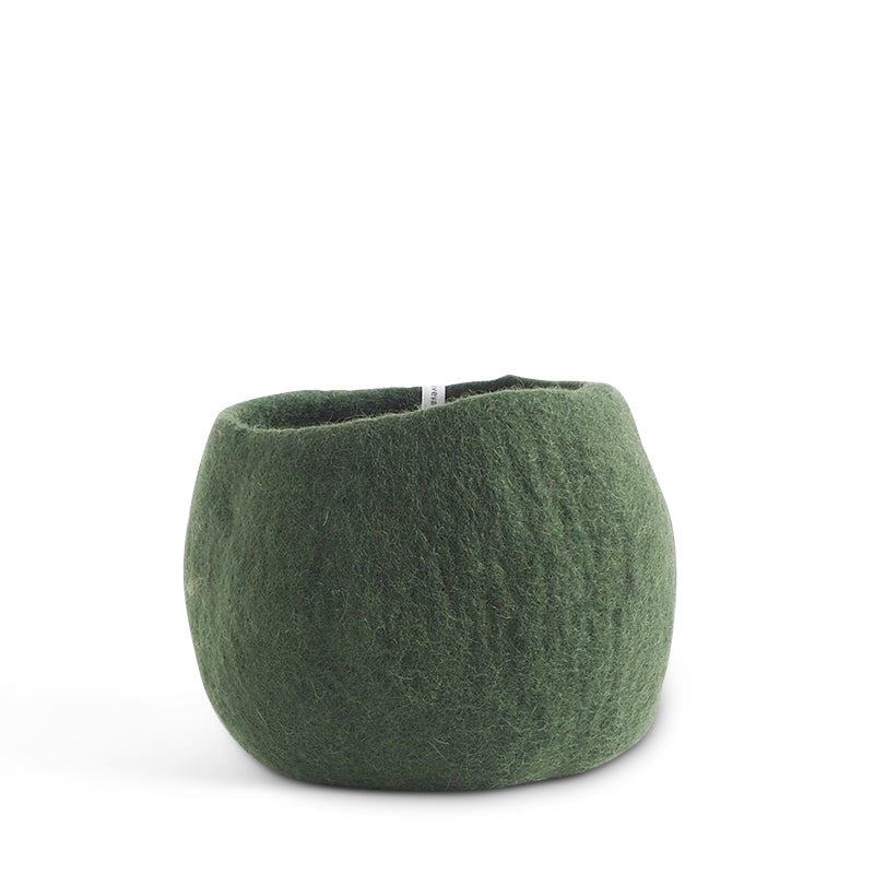 Green felted woolen plant pot on a white background
