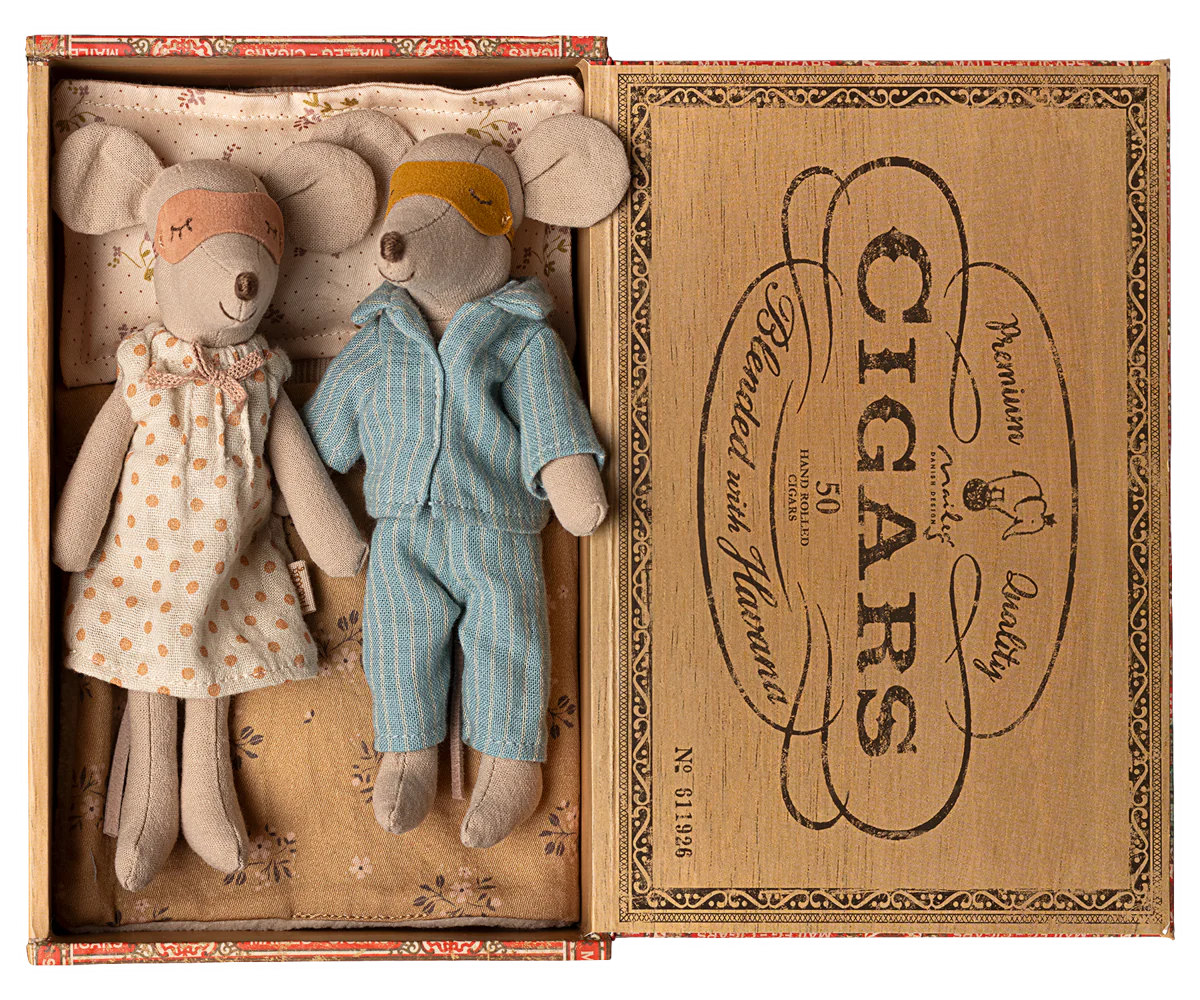 

Mum &amp; Dad Mice are back and are ready to nap in their cute pajamas and sleep masks. They have a comfy cigar box with matching mattress, pillow, and blanket.