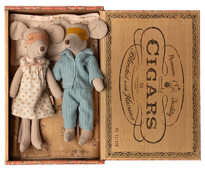 

Mum &amp; Dad Mice are back and are ready to nap in their cute pajamas and sleep masks. They have a comfy cigar box with matching mattress, pillow, and blanket.