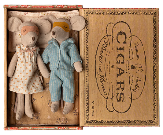 

Mum &amp; Dad Mice are back and are ready to nap in their cute pajamas and sleep masks. They have a comfy cigar box with matching mattress, pillow, and blanket.