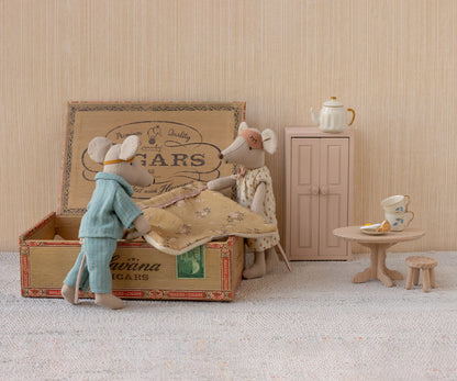 

Mum &amp; Dad Mice are back and are ready to nap in their cute pajamas and sleep masks. They have a comfy cigar box with matching mattress, pillow, and blanket.