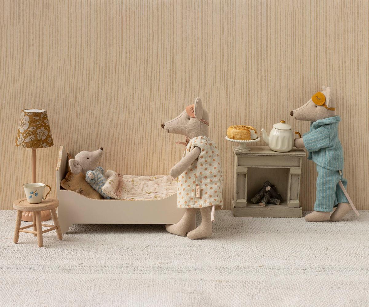 

Mum &amp; Dad Mice are back and are ready to nap in their cute pajamas and sleep masks. They have a comfy cigar box with matching mattress, pillow, and blanket.
