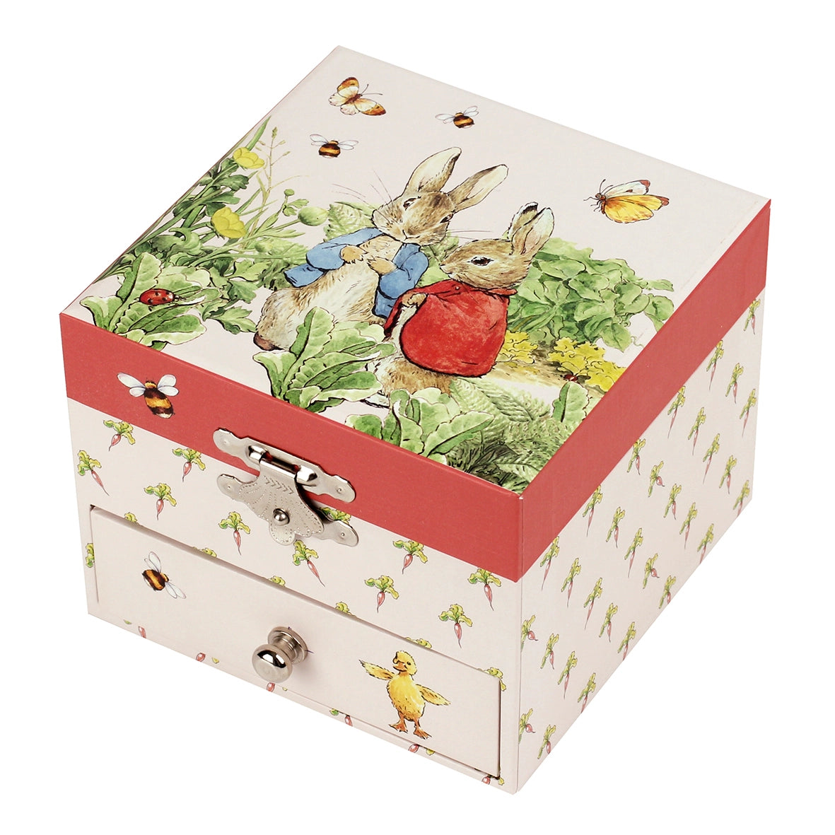 Jewelry box with illustrations of rabbits and nature on a white background