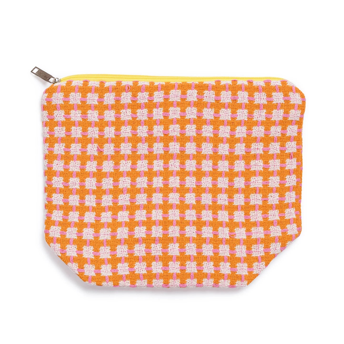 Small pouch with orange and white checkered pattern on a white background