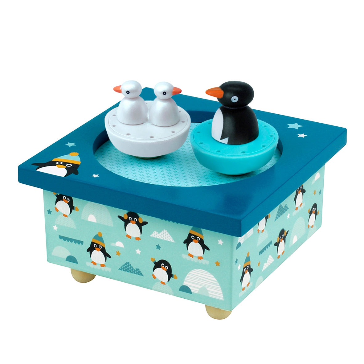 Toy music box with penguin design on a white background