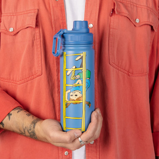 Person holding a blue water bottle with a colorful design against an orange shirt background