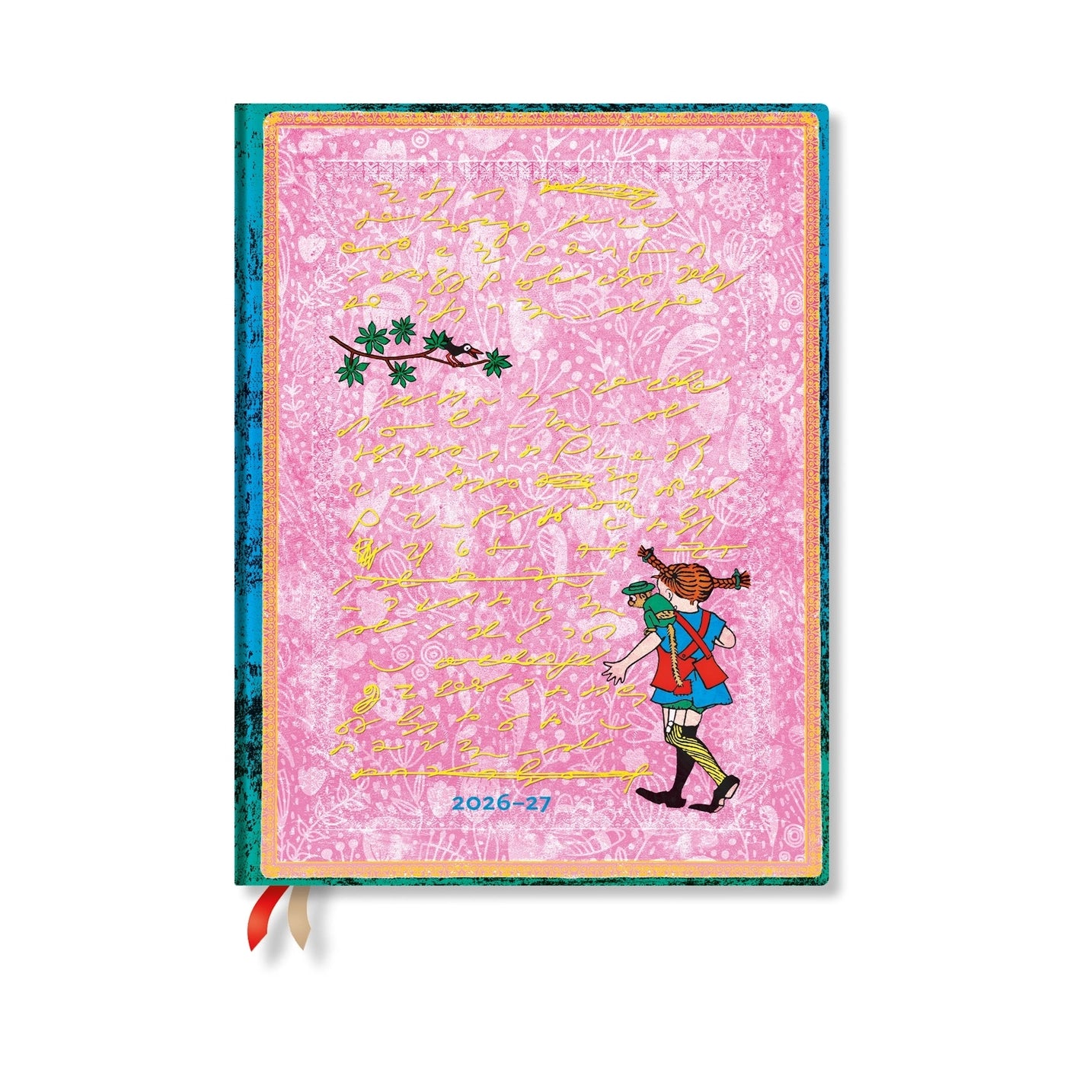 Pink planner with colorful illustrations on a white background