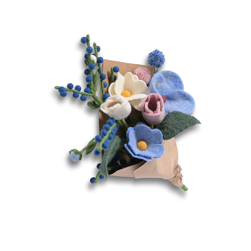Aveva Wool Flower Bouquets that spark joy and will last you a lifetime. No more having to re buy flowers to fill the empty vases around your home, you can bring a touch of nature inside with colorful bouquets made with sustainable wool. This is the Porto bouquet with a blues, pinks, white, and green. 