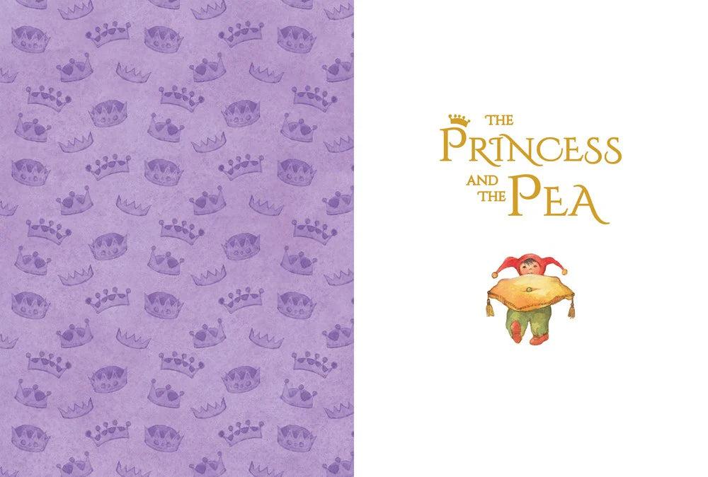 Purple background with crown pattern and 'The Princess and the Pea' text on a white background