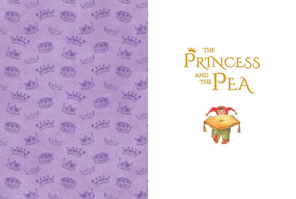 Purple background with crown pattern and 'The Princess and the Pea' text on a white background
